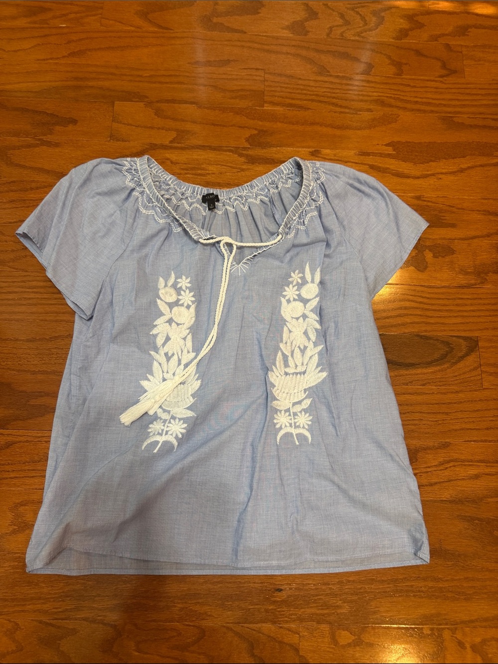 Talbots Light Blue Peasant Top with White Embroidered Detail